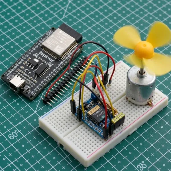 7ee250861faf06b4594d5b1ed501c5e0f3ba4851aede960838d8e947c979dd96 ZEK-05 ESP32 development board on breadboard driving a motor demo