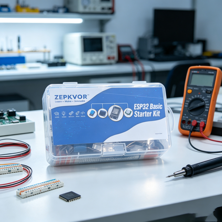 ZEPKVOR ESP32 Basic Starter Kit on an electronics workbench