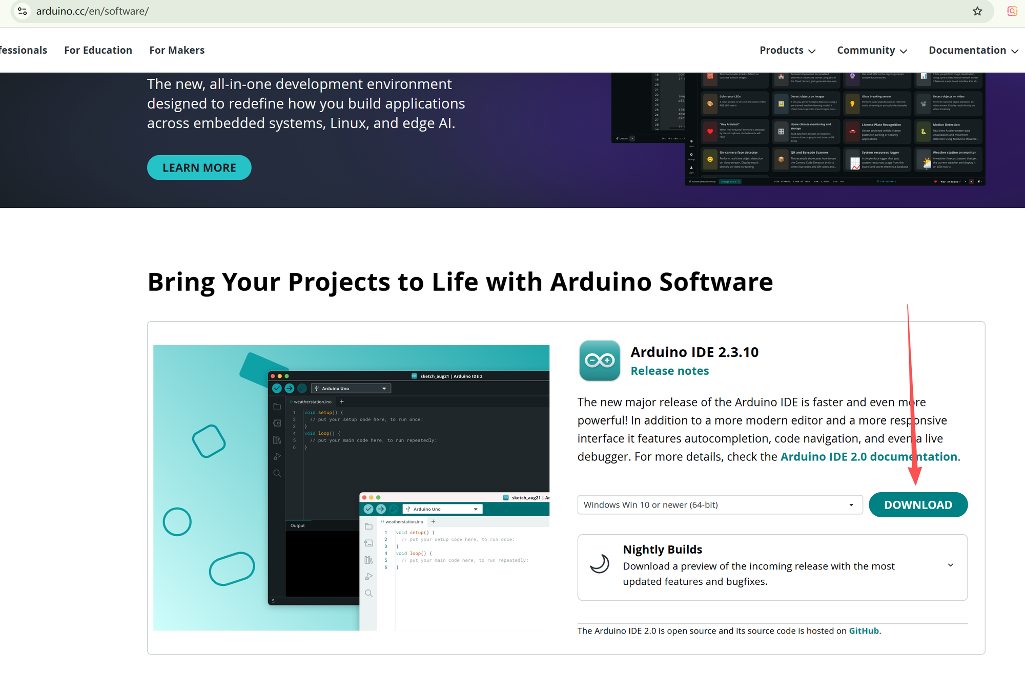 Arduino official software download page with the Arduino IDE download button highlighted