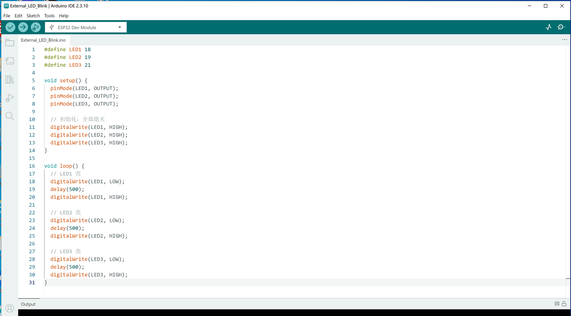 Arduino IDE opened with an LED example sketch and ESP32 Dev Module selected
