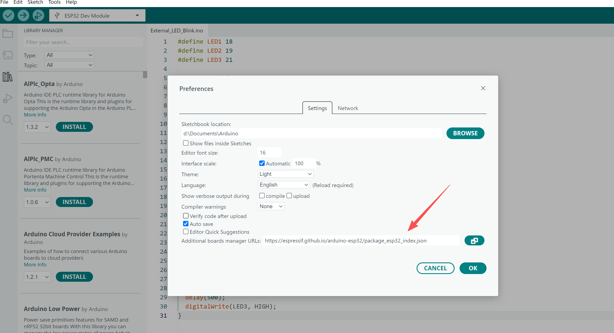 Arduino IDE Preferences showing the official ESP32 URL in Additional Boards Manager URLs