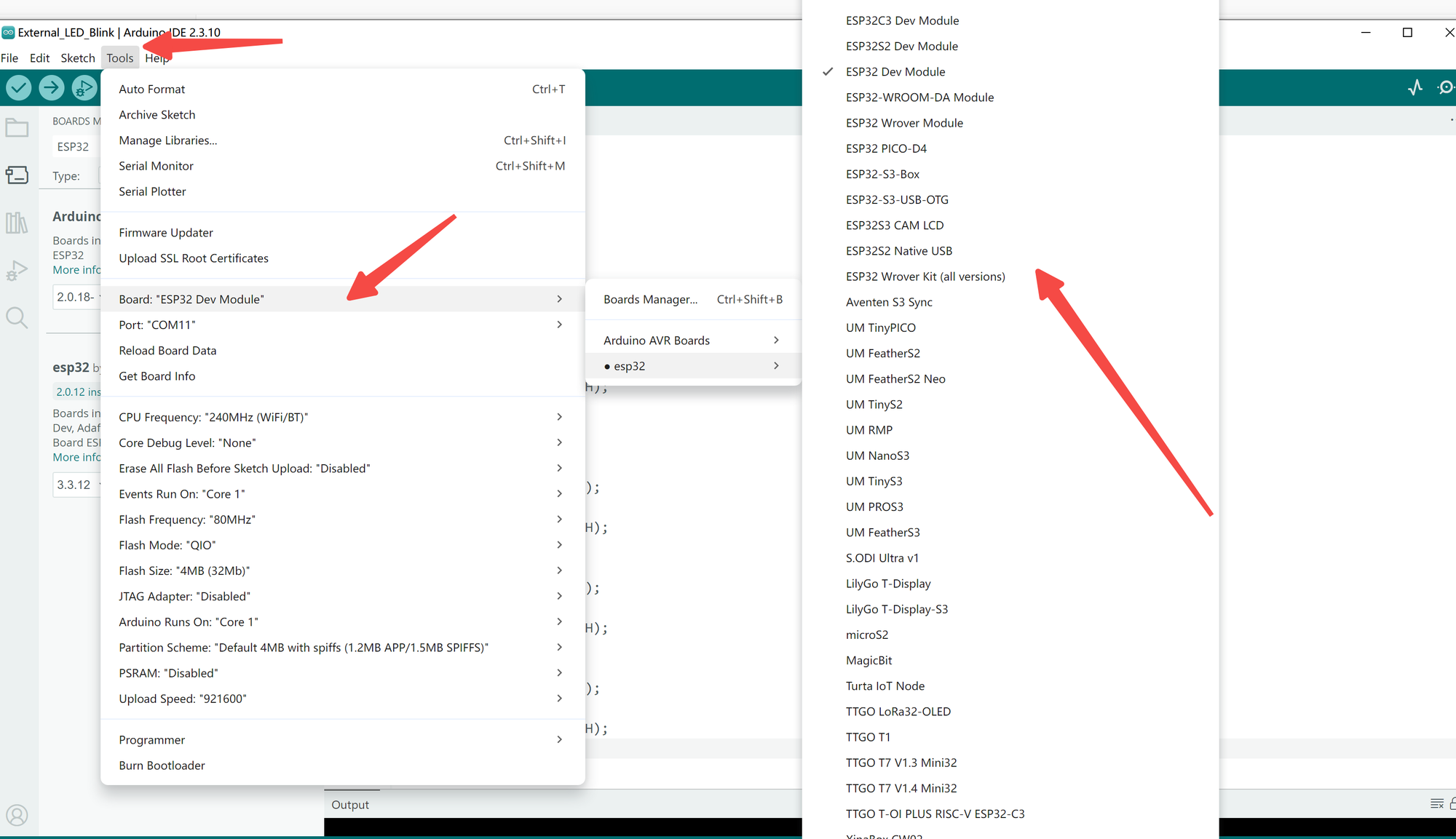 Arduino IDE Tools menu showing the ESP32 Dev Module board selection and port