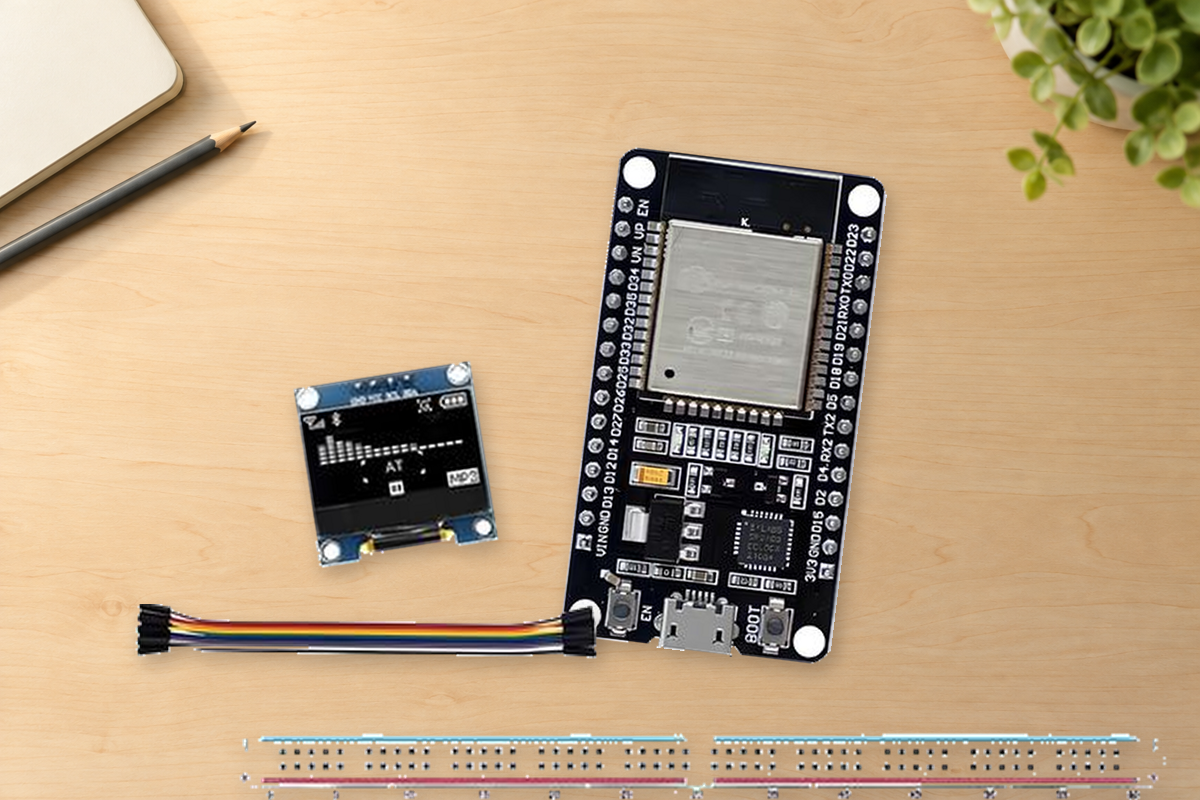 AI-assisted overhead workspace illustration featuring original ESP32 board and kit component details