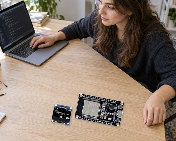 AI-assisted illustration of a student learning with an ESP32 board